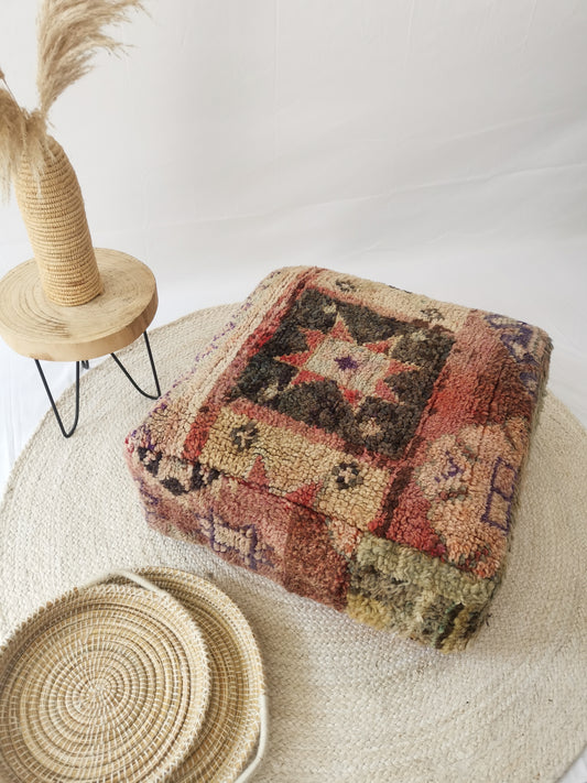 Marokkanischer Vintage Pouf, Berber Bodenkissen, geometrische Muster, Sitzkissen aus Wolle, Boho Sitzkissen, Beni Ourain, Handarbeit