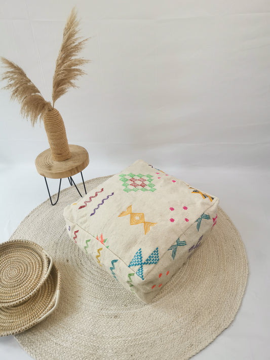 Marokkanischer Pouf, Beni Ourain Bodenkissen, Bunte geometrische Muster, Boho Sitzkissen Meditationskissen aus Wolle, Handarbeit