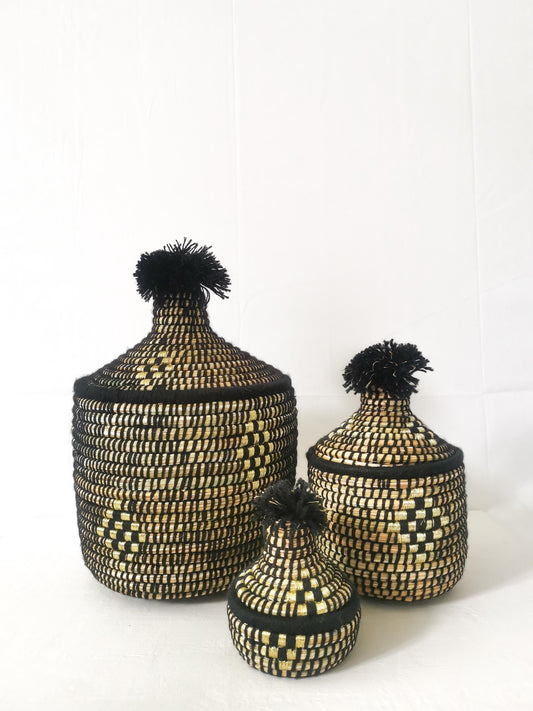 Korb aus Seegras, Aufbewahrungskorb aus Marokko, Handarbeit, Korb mit Deckel, Berber Korb, Ethno Korb, Tajine Korb Boho schwarz gold