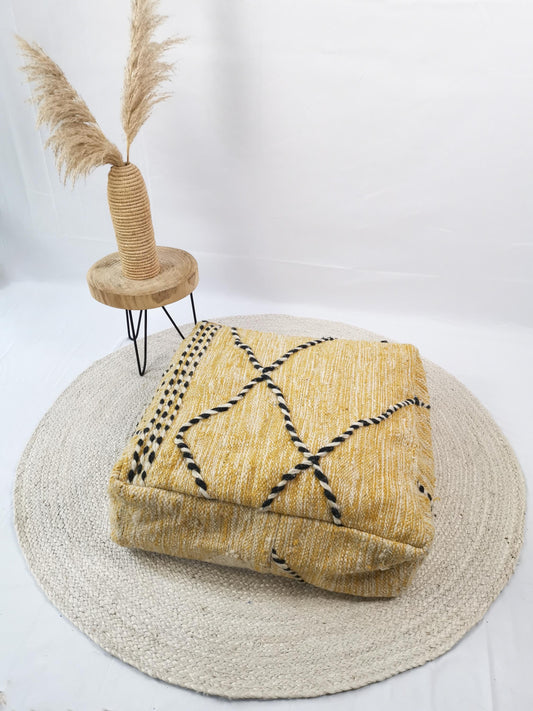 Marokkanischer Vintage Pouf bunt, Sitzkissen aus Wolle, Vintage Berber Bodenkissen Gelb, Bodenkissen gelb