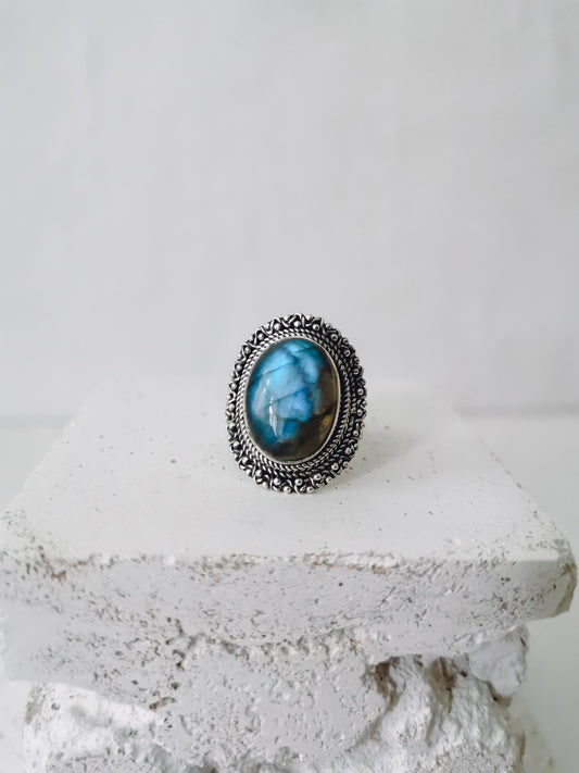 Statement 925 Silber Ring mit Labradorit, Grosser Ethno Labradorit Silberring, Boho Hippie Ring Sterling Silber