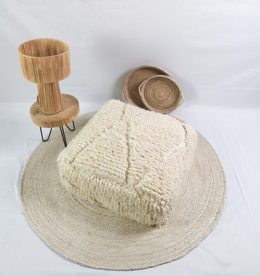 Marokkanischer Pouf, Berber Bodenkissen, Sitzkissen aus Wolle, Vintage Pouf weiss, Boho Sitzkissen Beni Ourain