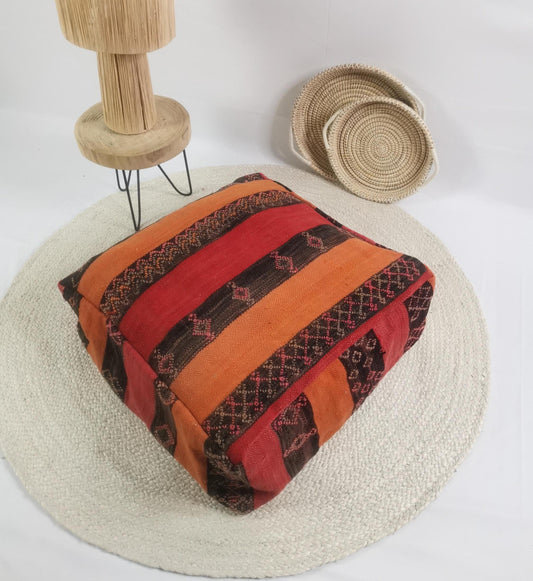 Marokkanischer Pouf, Berber Bodenkissen bunt, Pouf aus 100% Wolle, Vintage Kelim Bodenkissen, Boho Sitzkissen Marokko, handarbeit