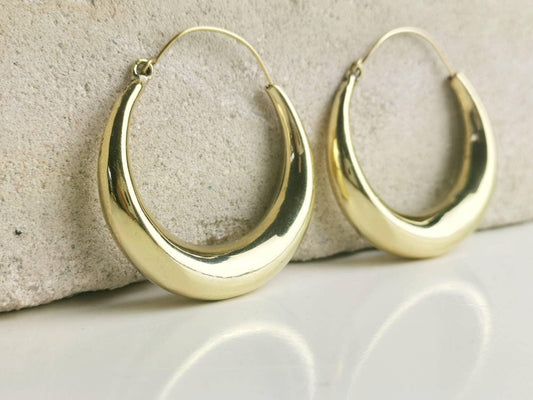 Large lightweight chunky brass hoop earrings, wide brass earrings, statement earrings, crescent moon earrings, moonlight, gold hoops