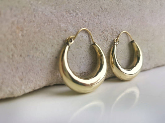 Kleine leichte breite Chunky Creolen aus Messing, Messingohrringe, Statement Ohrringe, Hippie Boho Ohrringe, Gold Hoops, 3 cm