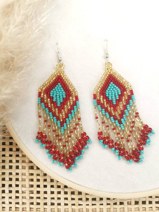 Mexican bead earrings, fringed earrings, colorful earrings made of glass beads Mexico, handmade, native style Huichol, boho ethnic earrings