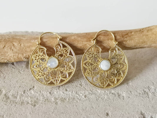 Brass earrings with moonstone, mandala hoop earrings, gold earrings, boho earrings, hippie jewelry, ethno earrings