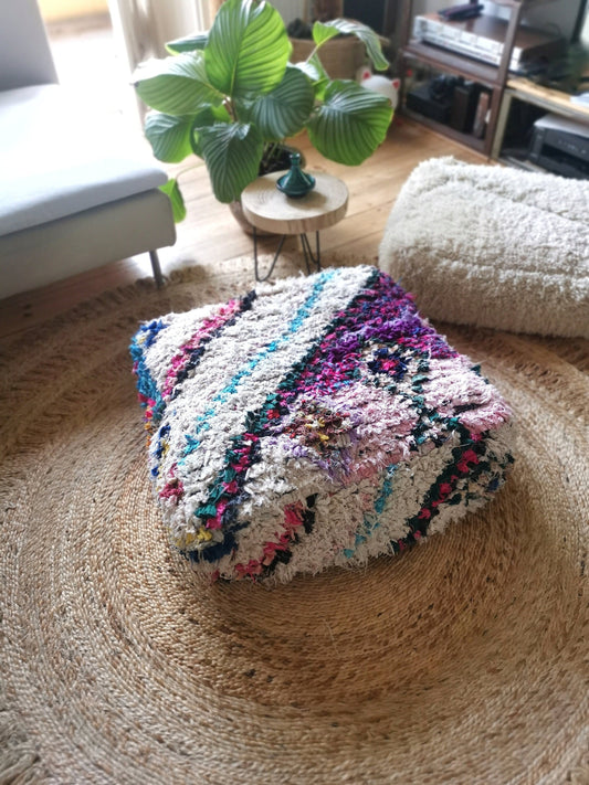 Marokkanischer Pouf, Berber Bodenkissen, Bunte geometrische Muster, Upcyling Sitzkissen aus Stoffreste, Boho Sitzkissen, Handarbeit